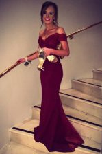 Classical Burgundy Off The Shoulder Neckline Lace Dress for Prom Short Sleeves Backless