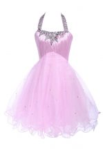 Delicate Halter Top Lilac Sleeveless Knee Length Beading Lace Up 