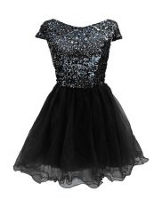 Fabulous Black Bateau Zipper Sequins Evening Dress Cap Sleeves