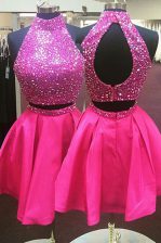  Mini Length Hot Pink Halter Top Sleeveless Zipper