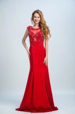 Flirting Mermaid Scoop Sleeveless Brush Train Side Zipper Prom Gown Red Chiffon