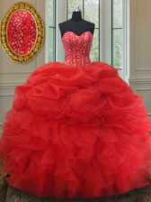  Red Ball Gowns Beading and Ruffles and Pick Ups 15th Birthday Dress Lace Up Organza Sleeveless