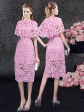 Suitable Scoop Pink Half Sleeves Lace Knee Length 