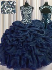  Navy Blue Ball Gowns Scoop Sleeveless Organza Floor Length Lace Up Beading and Pick Ups Quince Ball Gowns