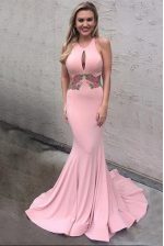 Inexpensive Mermaid Scoop Pink Elastic Woven Satin Criss Cross Prom Dress Sleeveless With Brush Train Appliques