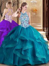  Scoop Sleeveless Brush Train Lace Up Quinceanera Dresses Teal Tulle