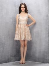 Customized Straps Sleeveless Lace Knee Length Backless Dress for Prom in Champagne with Beading
