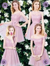  Pink Empire Sleeveless Tulle Mini Length Lace Up Appliques and Belt Dama Dress for Quinceanera