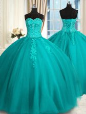 Unique Teal Ball Gowns Appliques and Embroidery Ball Gown Prom Dress Lace Up Tulle Sleeveless Floor Length
