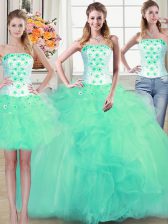 Fancy Three Piece Sleeveless Beading and Appliques and Ruffles Lace Up Quinceanera Gown