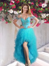High End Off the Shoulder Teal Sleeveless High Low Beading and Ruffles Lace Up 