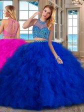  Royal Blue Sleeveless Brush Train Beading and Ruffles With Train Quinceanera Dress