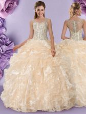 Pretty Straps Beading and Ruffles Sweet 16 Dress Champagne Zipper Sleeveless Floor Length