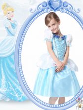  White and Blue A-line Scoop Short Sleeves Organza Knee Length Clasp Handle Beading Flower Girl Dresses