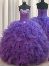 Stunning Beaded Bust Purple 15 Quinceanera Dress Military Ball and Sweet 16 and Quinceanera with Beading and Ruffles Sweetheart Sleeveless Lace Up