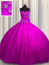  Tulle and Sequined Sweetheart Sleeveless Lace Up Beading and Appliques 15th Birthday Dress in Fuchsia