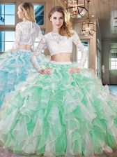  Scoop Organza Long Sleeves Floor Length 15th Birthday Dress and Beading and Lace and Ruffles
