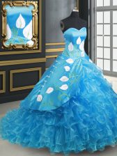  Baby Blue Lace Up Sweetheart Embroidery and Ruffled Layers 15 Quinceanera Dress Organza and Taffeta Sleeveless Brush Train