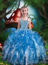  Blue Organza Lace Up Pageant Gowns For Girls Sleeveless Floor Length Beading and Ruffles