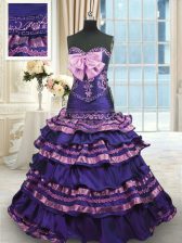  Ruffled Layers Sweetheart Sleeveless Sweep Train Lace Up Quinceanera Gowns Purple Taffeta