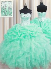 Trendy Organza Sweetheart Sleeveless Lace Up Beading and Ruffles and Pick Ups Quinceanera Dress in Apple Green