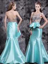 Aqua Blue Mermaid Satin Scoop Sleeveless Appliques Zipper Brush Train