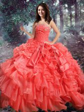 Unique Ball Gowns Sweet 16 Dress Coral Red Strapless Organza Sleeveless Floor Length Lace Up