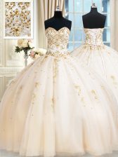 Cute Champagne Lace Up Quinceanera Dresses Beading Sleeveless Floor Length