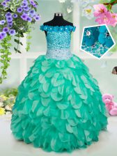 Classical Off the Shoulder Turquoise Sleeveless Organza Lace Up Pageant Gowns For Girls for Quinceanera and Wedding Party