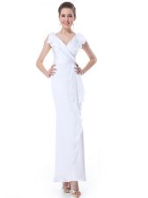 Fancy White Chiffon Zipper V-neck Cap Sleeves Floor Length Prom Evening Gown Ruffles