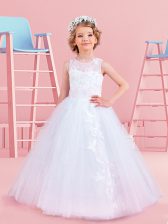 Adorable Scoop Tulle Sleeveless Floor Length Toddler Flower Girl Dress and Appliques