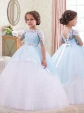  White and Blue Little Girls Pageant Dress Quinceanera and Wedding Party with Appliques and Sashes ribbons Bateau Sleeveless Lace Up