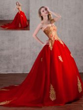 Beautiful Red Lace Up Strapless Appliques Quinceanera Dress Tulle Sleeveless Court Train
