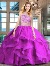 Affordable Scoop Sleeveless With Train Beading and Ruffles Backless Vestidos de Quinceanera with Fuchsia Brush Train