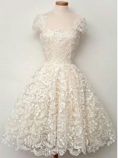 Inexpensive Scoop White Lace Zipper Prom Gown Cap Sleeves Knee Length Lace