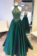 Classical Halter Top A-line Sleeveless Teal Evening Dress Sweep Train Zipper