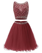  Burgundy Sleeveless Beading and Belt Mini Length Prom Evening Gown