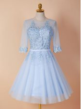 Exceptional Scoop Light Blue A-line Appliques Backless Organza Half Sleeves Knee Length