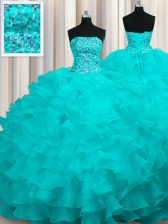 Best Aqua Blue Lace Up Ball Gown Prom Dress Beading and Ruffles Sleeveless With Train Sweep Train