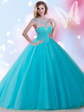  High-neck Sleeveless Tulle Vestidos de Quinceanera Beading and Sequins Zipper