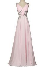  Baby Pink Column/Sheath Chiffon V-neck Sleeveless Beading With Train Zipper Brush Train