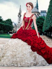  Straps Sleeveless Organza and Taffeta Quinceanera Dress Beading and Ruffles and Pick Ups Brush Train Lace Up