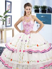  White Quinceanera Dresses Military Ball and Sweet 16 and Quinceanera with Embroidery and Ruffled Layers Halter Top Sleeveless Lace Up