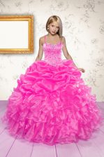  Floor Length Hot Pink Little Girls Pageant Dress Wholesale Organza Sleeveless Beading and Ruffles and Pick Ups