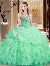  Apple Green 15th Birthday Dress Organza Brush Train Sleeveless Embroidery and Ruffles