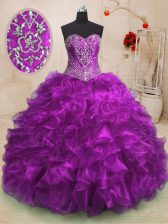 Custom Fit Purple Organza Lace Up Sweetheart Sleeveless With Train 15 Quinceanera Dress Sweep Train Beading and Ruffles