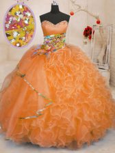 Affordable Orange Lace Up Ball Gown Prom Dress Beading and Ruffles Sleeveless Floor Length