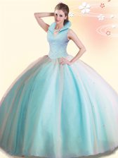 Discount Floor Length Aqua Blue Quinceanera Gowns High-neck Sleeveless Backless