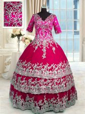 Stylish Ruffled Floor Length Ball Gowns Half Sleeves Red and Hot Pink 15th Birthday Dress Zipper