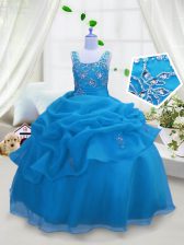  Straps Sleeveless Pageant Gowns For Girls Floor Length Beading and Pick Ups Aqua Blue Organza